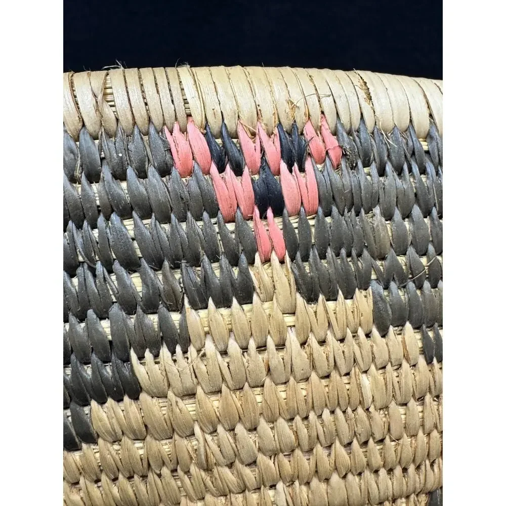 Vintage African Tribal Geometric Coiled Bowl Basket 14” Brown Tan Pink